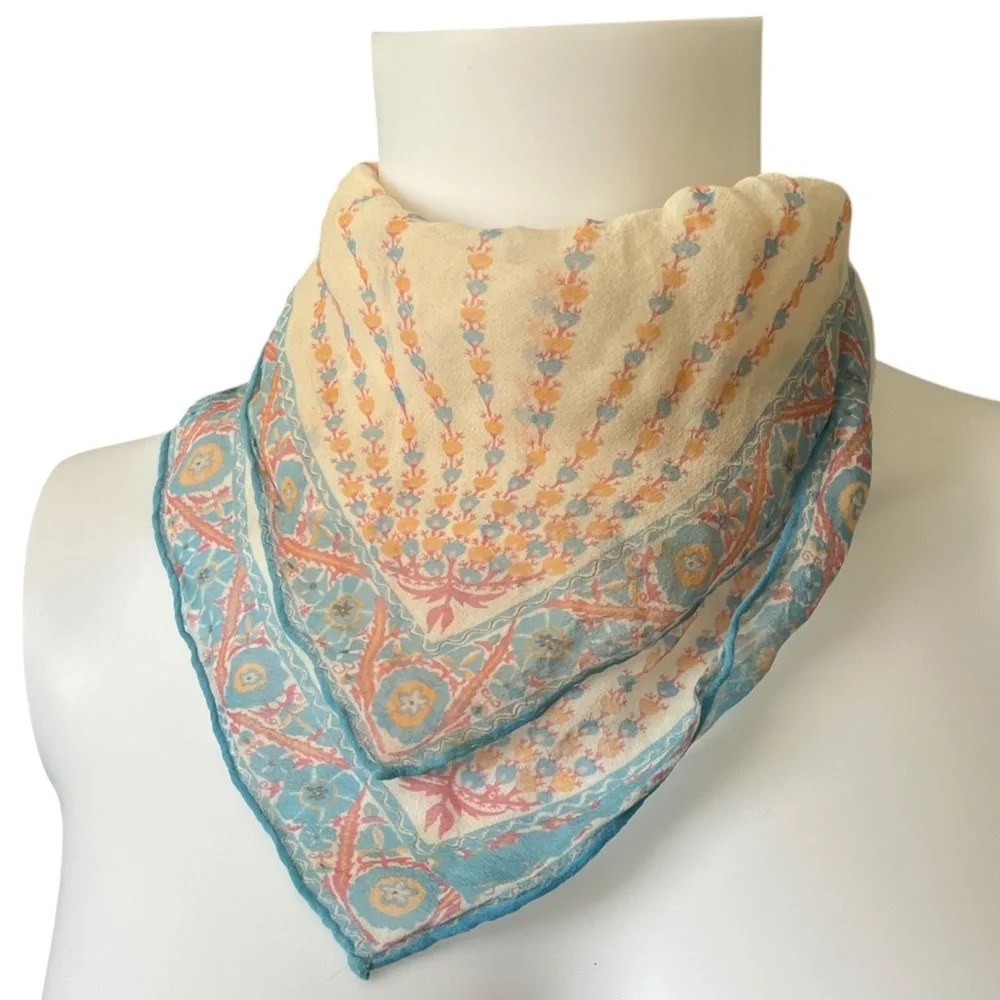 Vintage Square Silk Feel Scarf Sheer Blue Orange Floral Print Lightweight
